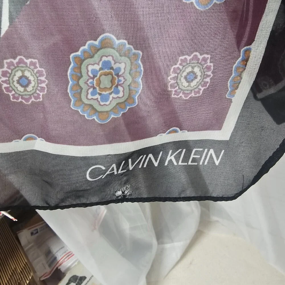 Calvin Klein Scarf Patchwork Boho Floral Black Purple Sheer Rectangular